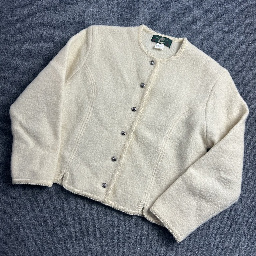Orvis Jacket Womens 10 White 100% Wool Collarless Button Front Short Knit